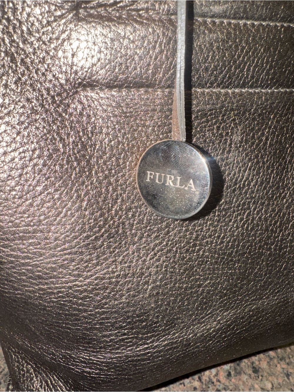 Furla "Divide It" Small Metallic Bronze Pebbled Leather Tote Bag with Charm - Picture 3 of 5